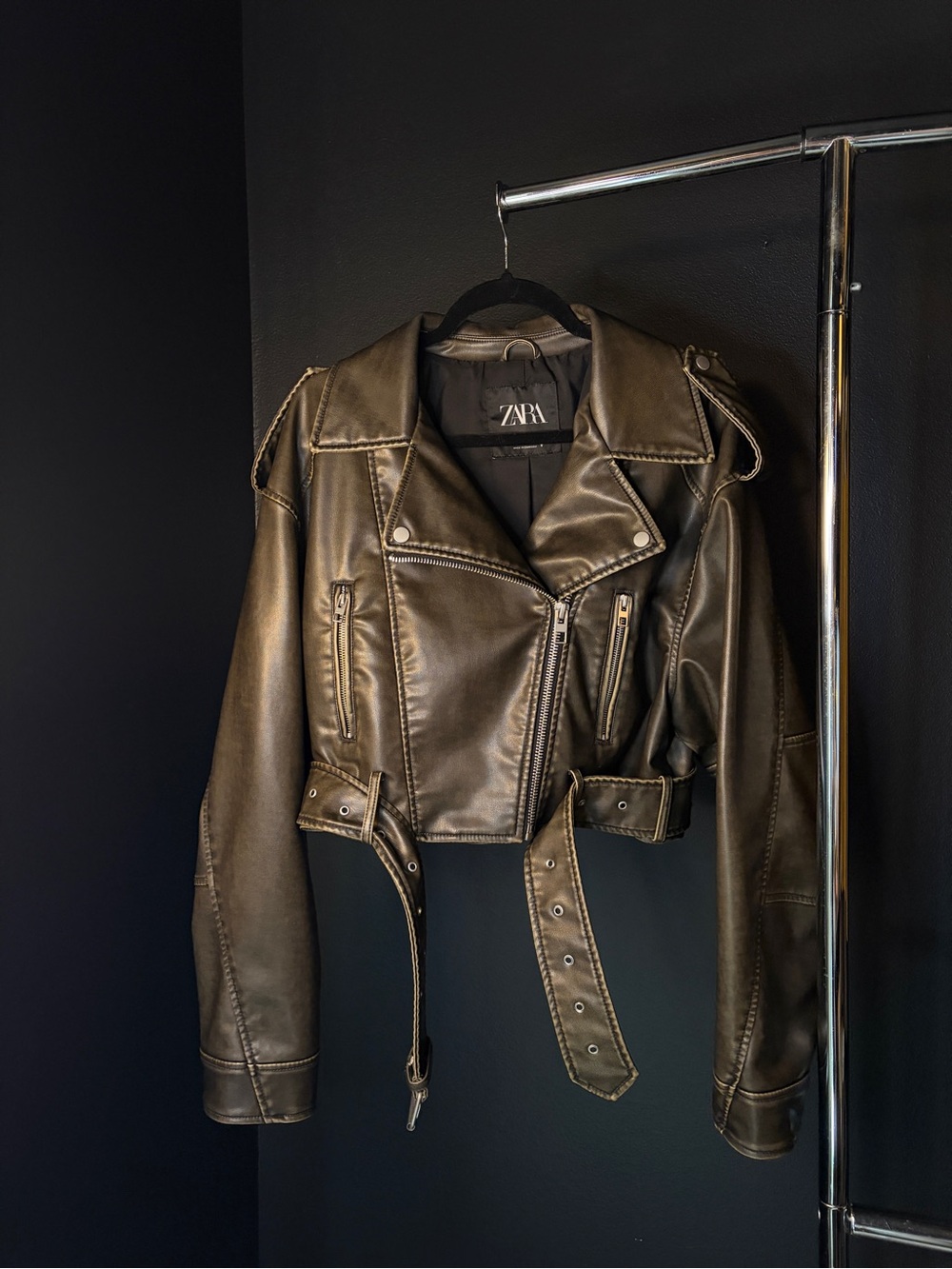 ZARA Grey Faux Leather Cropped Biker Jacket